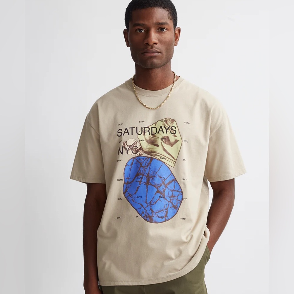 Saturdays NYC Rock Index Relaxed Short Sleeve Graphic Tee (Tan, Size L, NWT)